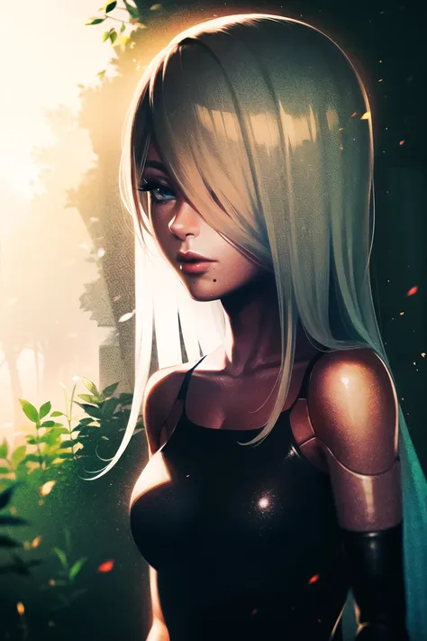 yorha type a no. 2,
1girl, android, bare shoulders, blue eyes, fog, hair over one eye, joints, light particles, long hair, mole, mole under mouth, one eye covered, portrait, robot joints, shadow, solo, white hair
robot, robot joints, mechanical parts, grass, highres, outdoors, overgrown
<lora:yorha_type_a_noDOT_2:0.7>