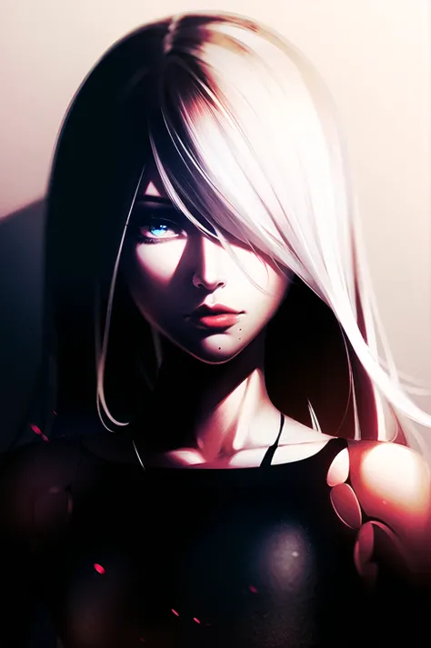 yorha type a no. 2,
1girl, android, bare shoulders, blue eyes, fog, hair over one eye, joints, light particles, long hair, mole, mole under mouth, one eye covered, portrait, robot joints, shadow, solo, white hair
robot, robot joints, mechanical parts, highres,
<lora:yorha_type_a_noDOT_2:0.7>
