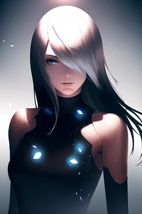yorha type a no. 2,
1girl, android, bare shoulders, blue eyes, fog, hair over one eye, joints, light particles, long hair, mole, mole under mouth, one eye covered, portrait, robot joints, shadow, solo, white hair
robot, robot joints, mechanical parts, highres,
<lora:yorha_type_a_noDOT_2:0.7>
