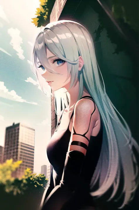 yorha type a no. 2,
close up, upper body, female focus,
1girl, absurdres, android, armlet, bare shoulders, black gloves, black tank top, blue eyes, elbow gloves, gloves, hair between eyes, joints, long hair, science fiction, solo, tank top, white hair,
robot, robot joints, mechanical parts, city, cloud, debris, grass, highres, outdoors, overgrown, post-apocalypse, rubble, ruins
<lora:yorha_type_a_noDOT_2:0.7>