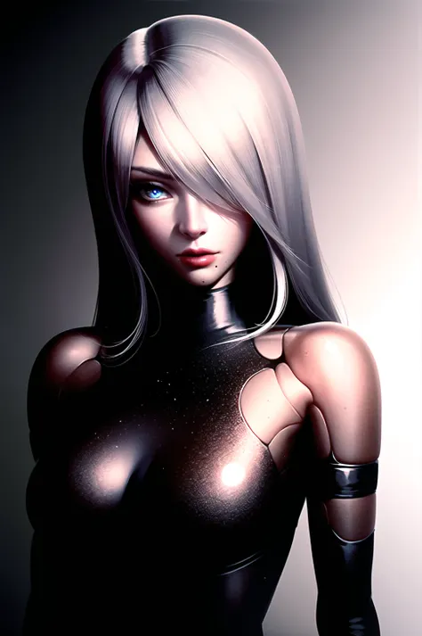 yorha type a no. 2,
1girl, android, bare shoulders, blue eyes, fog, hair over one eye, joints, light particles, long hair, mole, mole under mouth, one eye covered, portrait, robot joints, shadow, solo, white hair
robot, robot joints, mechanical parts, highres,
<lora:yorha_type_a_noDOT_2:0.7>