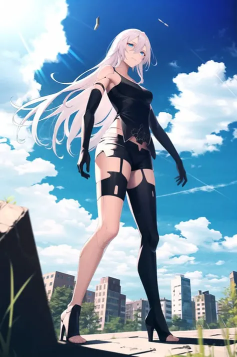 yorha type a no. 2, 1girl, absurdres, android, armlet, bare shoulders, black gloves, black tank top, blue eyes, elbow gloves, gloves, hair between eyes, joints, long hair, robot, robot joints, science fiction, short shorts, shorts, solo, tank top, white hair, toeless legwear,
robot, asymmetrical legwear, (robot joints:0.5), mechanical parts,
blue sky, city, cloud, debris, from below, grass, highres, outdoors, overgrown, post-apocalypse, puddle, rubble, ruins, scenery, sky, water
<lora:yorha_type_a_noDOT_2:0.7>