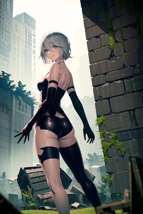 yorha type a no. 2,
1girl, android, ass, bare shoulders, black gloves, blue eyes, breasts, elbow gloves, gloves, joints, looking at viewer, medium breasts, mole, mole under mouth, science fiction, short hair, shorts, solo, thighhighs, white hair, torn clothes, female focus,
robot, asymmetrical legwear, mechanical parts, robot joints,
debris, grass, highres, outdoors, overgrown, post-apocalypse, rubble, ruins,
<lora:yorha_type_a_noDOT_2:0.7>