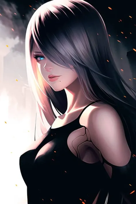 yorha type a no. 2,
1girl, android, bare shoulders, blue eyes, fog, hair over one eye, joints, light particles, long hair, mole, mole under mouth, one eye covered, portrait, robot joints, shadow, solo, white hair
robot, robot joints, mechanical parts, highres,
<lora:yorha_type_a_noDOT_2:0.7>