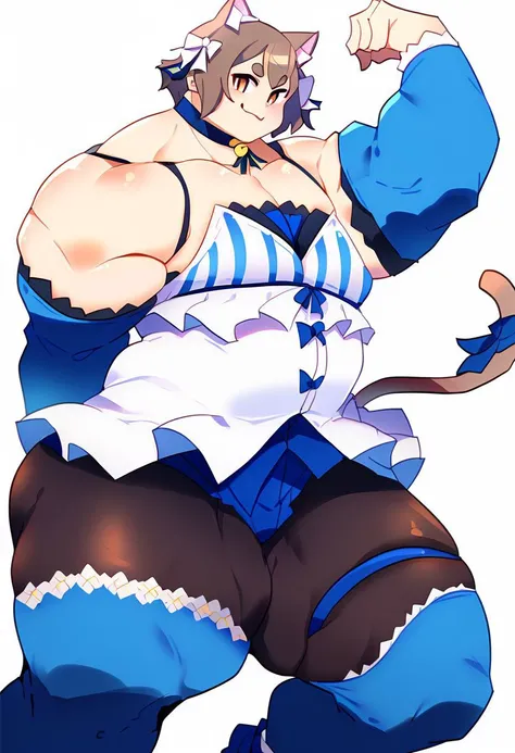 score_9, score_8_up, score_7_up, BREAK,
<lora:FelixXL-000001:1>,1boy,solo,animal ears, hair bow, cat ears, brown hair, short hair, bangs, sleeveless dress, brown eyes, white bow, blue choker, bare shoulders,thick eyebrows, detached sleeves, dress bow, pendant, cat tail, black pantyhose, arm ribbon, standing, slit pupils, smug, eyelashes, thighhighs over pantyhose, blue footwear, ankle ribbon, blue thighhighs, muscular male, fat thighs, flexing, white background, by squarewave