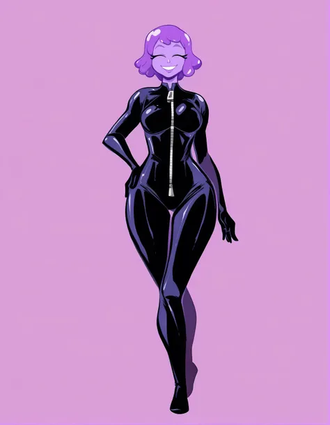 <lora:SyMix_PonyStyleLyco_v1a01_from16:1> Édouard Manet art style,
source_anime, score_9, score_8_up, score_7_up,
slime girl, purple skin, (translucent skin, refraction), short hair,
happy, smile, closed eyes,
solo, curvy, hourglass figure, hand on own hip,
bodysuit, standing, black bodysuit, full-length zipper, simple background