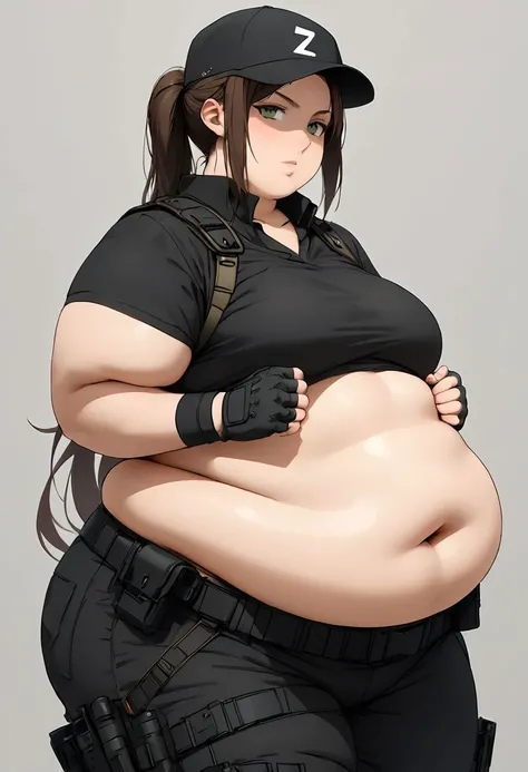 art by kipteitei, 1girl, dark green hair , hair in pony tail, maki zenin from the anime jujutsu kaisen, big plump belly, huge belly, massive belly, pretty face, nose, lips, beautiful eyes, circle glasses, highest quality, masterpiece, 4k, sharp focus), professional photograph, sharp focus, dramatic, award winning, cinematic lighting, octane render, unreal engine, volumetrics dtx,
