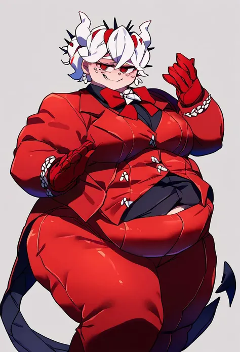 score_9, score_8_up, score_7_up, source_anime, solo, 1girl, htbeelzebub, freckles, smile, demon horns, formal, red suit, waistcoat, red bowtie, long sleeves, red jacket, red vest, black shirt, red gloves, red pants, earrings,<lora:helltaker_beelzebub_ponyXL:1>
smug, huge breasts, huge hips, fun, smile, small feet, best quality, white background, navel, gigantic boobs, tall female, fat thighs, big belly, fat, fat female, chubby, overweight, female, by squarewave