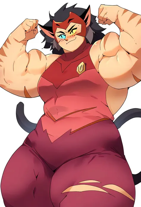 score_9, score_8_up, score_8, cute, eyelashes, cuvry, Catra_Shera, solo, 1girl, catra, heterochromia, colored sclera, sleeveless, bare shoulders, cat tail, slit pupils, smug, muscular female, fat thighs, flexing, white background, by squarewave