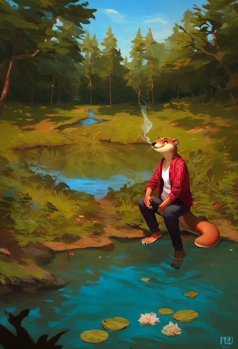 Score_9, score_8_up, score_7_up, source_furry, rating_safe, an otter smoking a joint, outdoors, river, anthro,