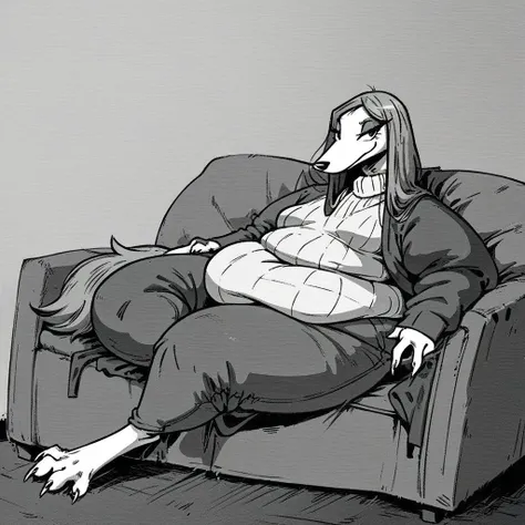 fat saluki, (((saluki, sighthound))), canine, furry, (obese, fat, excess fat), female, long snout, paws, claws, (small breasts, (thin arms, slender arms)), digitigrade, fat belly, fat rolls, huge thighs, overfed, overstuffed, score_9, score_8_up, score_7_up, anatomically correct, flabby, ((reclining, lounging, sofa, smug)), jiggly, realistic, (fluffy tail, fluffy ears), toony, sketchy, bold lines, lineart, bold lines, lineart, xenotr1p, monochrome