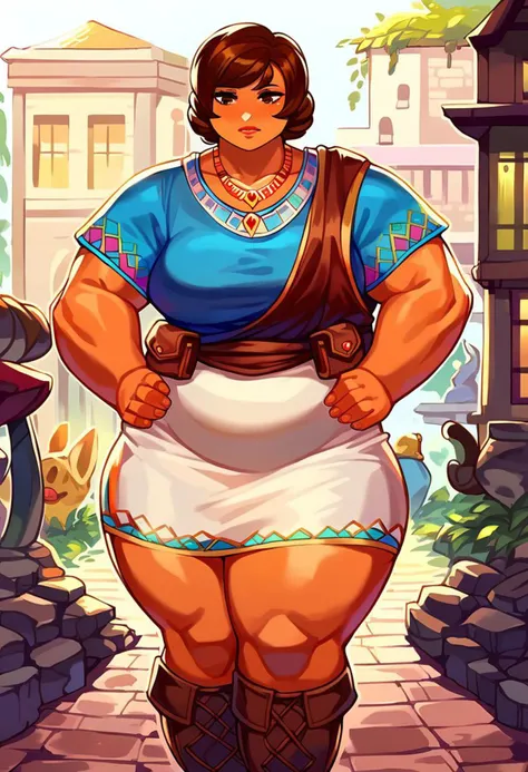 score_9, score_8_up, score_7_up, score_6_up, source anime, {{tags}},
a woman in her early 20's, celtic clothes, curvy, standing, village, outdoors, blue shirt, white dress, thick thighs, wide hips, brown hair, necklace, pouch, hands on hips, boots, top heavy body