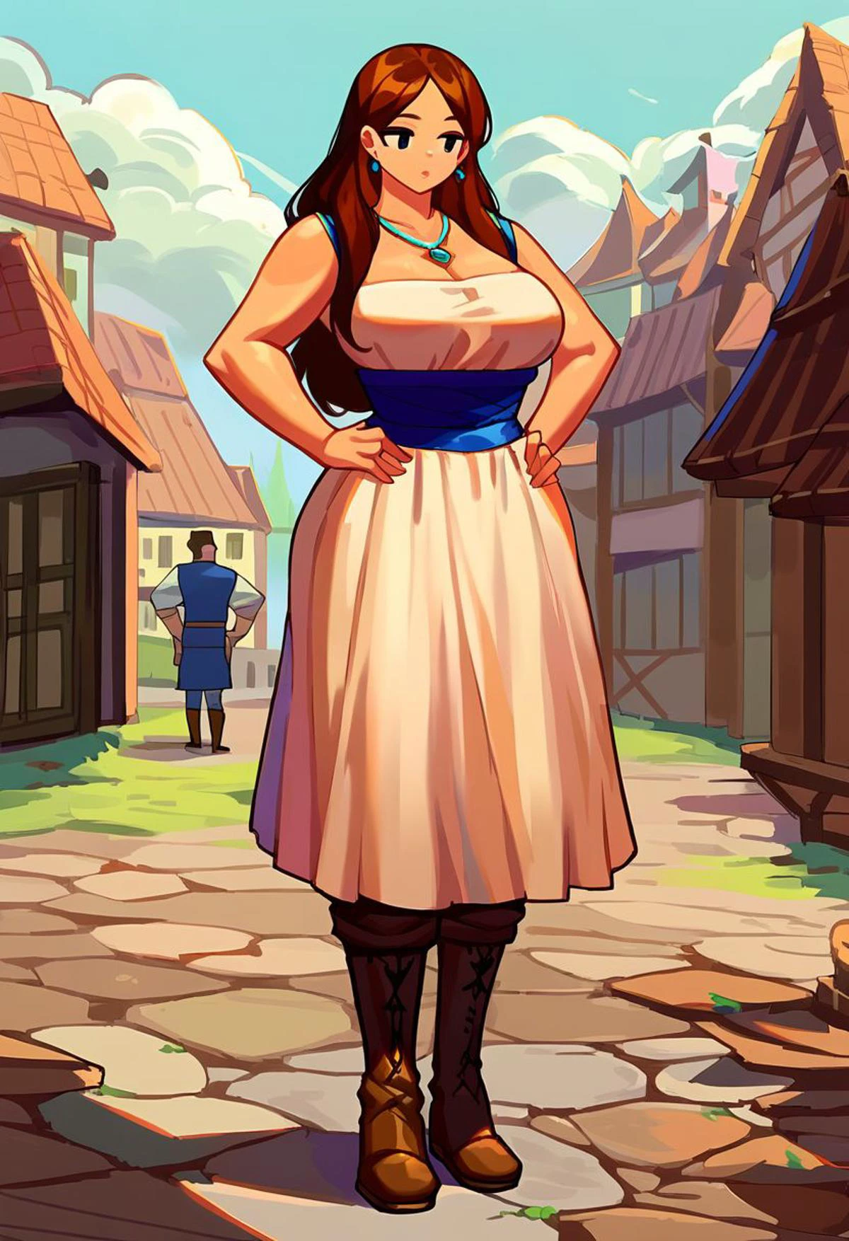 score_9, score_8_up, score_7_up, score_6_up, source anime, {{tags}},
a woman in her early 20's, blue celtic dress, white celtic dress, curvy, standing, village, outdoors, brown hair, long hair, necklace, hands on hips, boots, top heavy body, anime eyes,