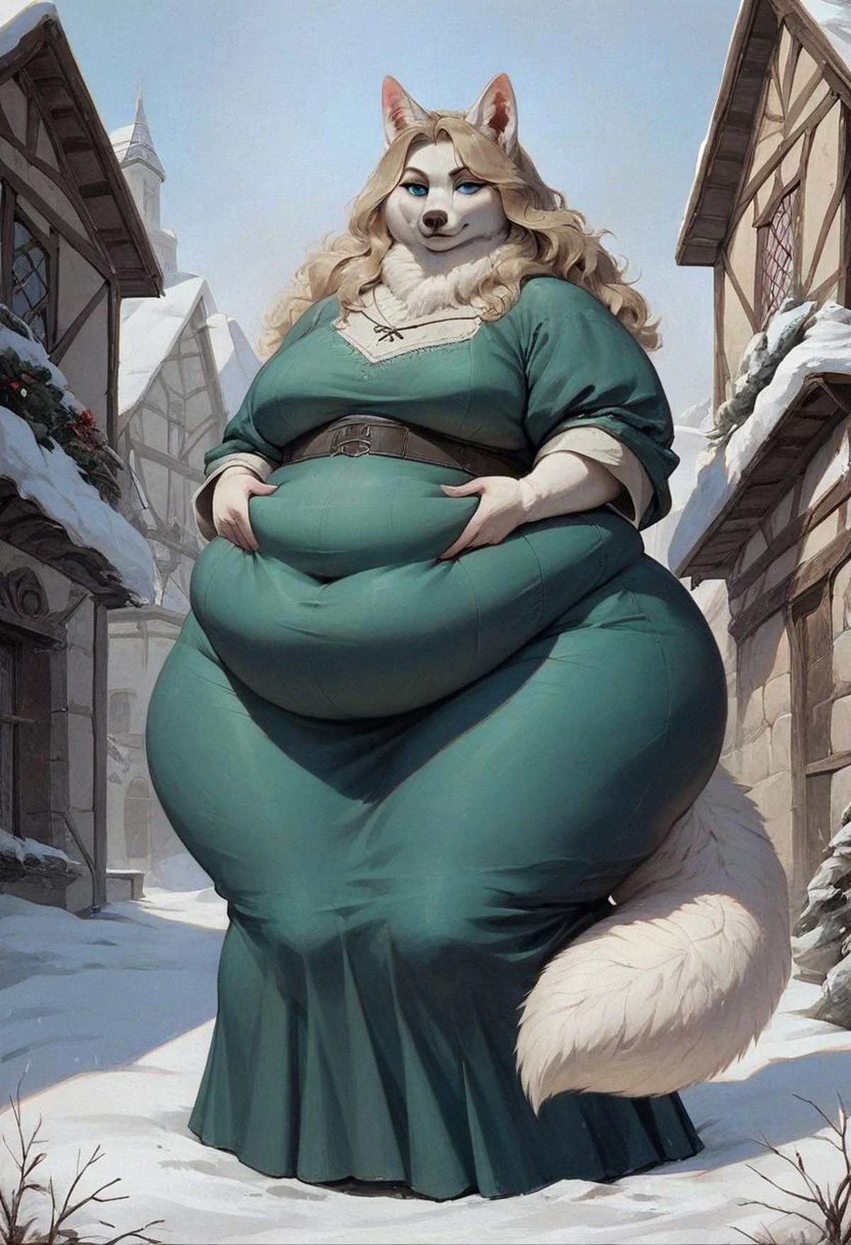 score_9, score_8_up, score_7_up, score_6_up, score_5_up, score_4_up, a ussbbw female fox looks at viewer with a playful look in her eye in a snowy village, snow, Medieval, ((white fur)), blue eyes, wavy blonde long hair, covered belly hang, love handles, wide hips, green simple dress, tail, seductive, gothic art, source_furry