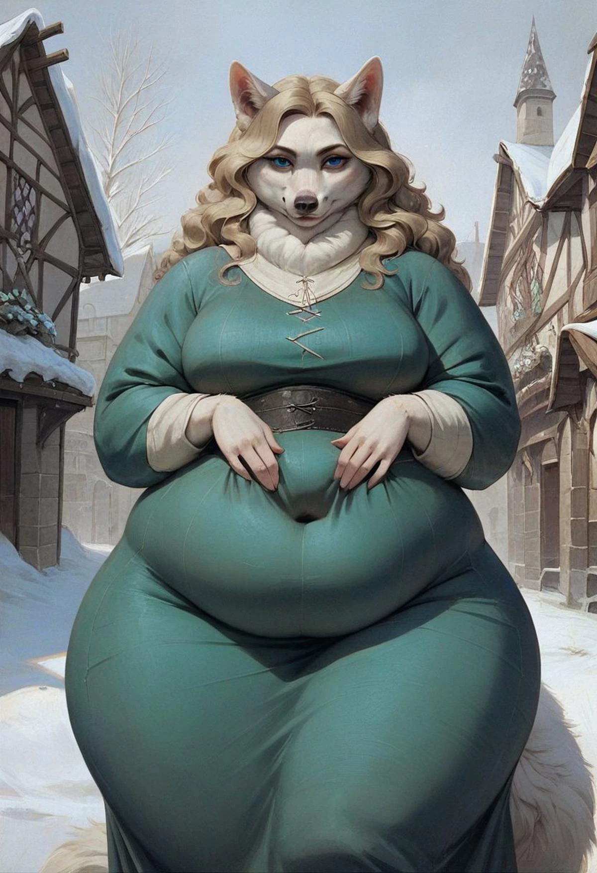 score_9, score_8_up, score_7_up, score_6_up, score_5_up, score_4_up, a ussbbw female fox looks at viewer with a playful look in her eye in a snowy village, snow, Medieval, ((white fur)), blue eyes, wavy blonde long hair, covered belly hang, love handles, wide hips, green simple dress, tail, seductive, gothic art, source_furry