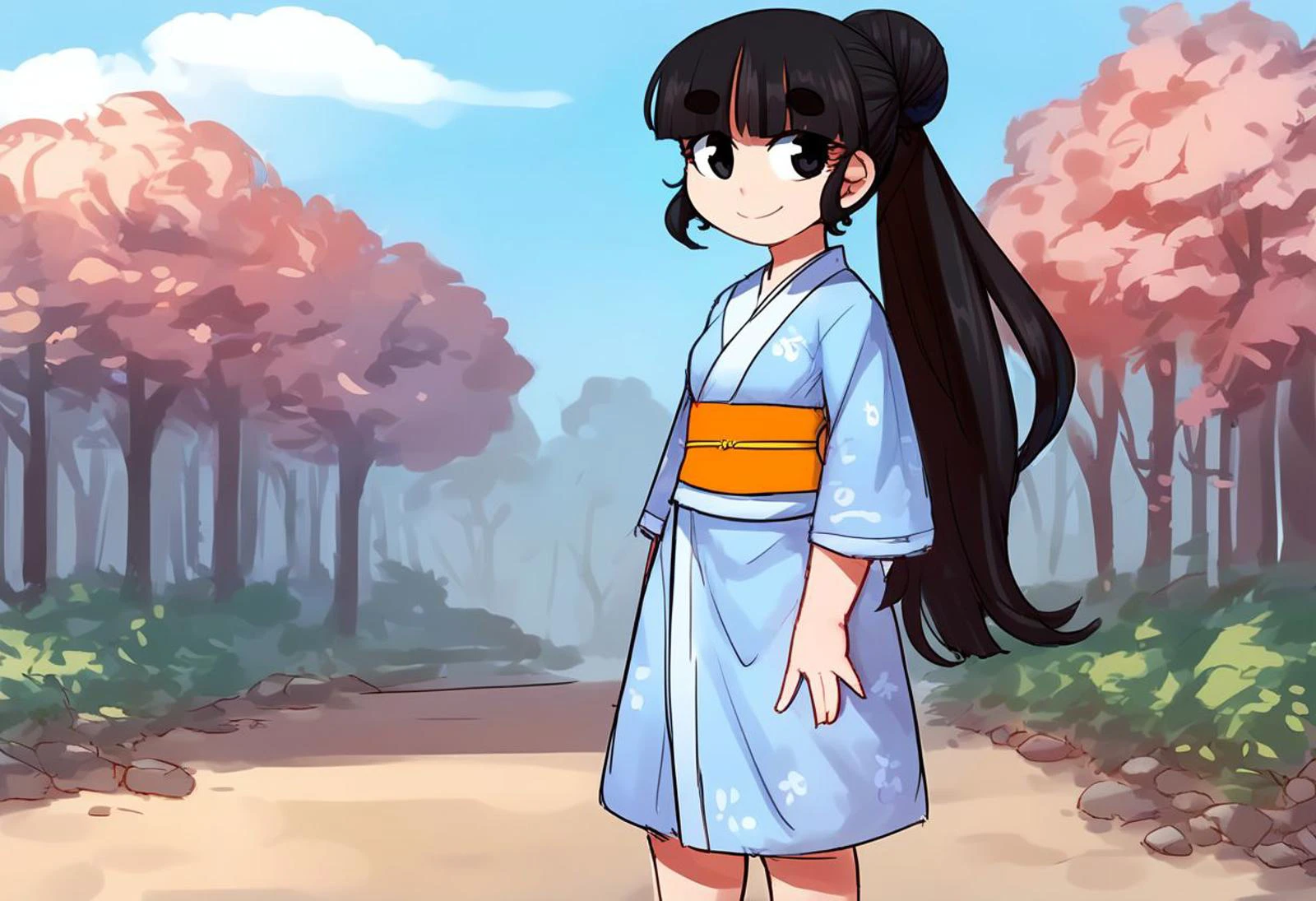 <lora:SyMix_Pony_v3_a01-000027:1> (Gaston Bussière art style), (by Jaykuma, by MysteryDad, by ccu:0.85),
source_anime, score_9, score_8_up, score_7_up,
Japanese female, human, outdoors, feudal japan background, ((black hair, long hair, bun, ponytail)), solo, standing, high fantasy, (skinny), smile, thick eyebrows,(light blue kimono, orange sash patterns),