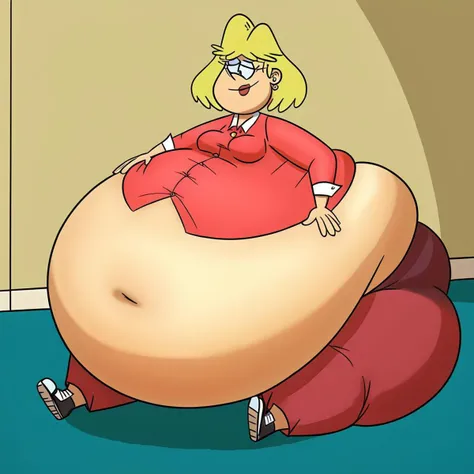 female, rita loud, 1girl, solo, blonde hair, short hair, earrings, jewelry, smile, lipstick, stud earrings, shirt, pants, Gigantic tummy, Gigantic tummy, sitting on floor,