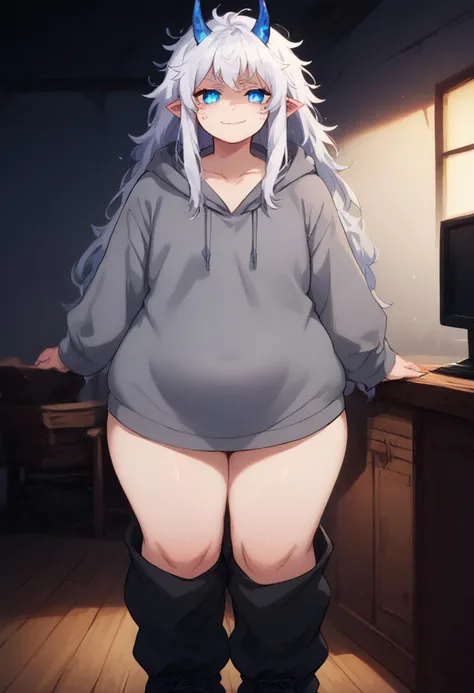 score_9, score_8_up, score_7_up, score_6_up, source_anime, anime screencap, masterpiece, expressive eyes, perfect face, bloom, lens flare, godrays, demon, curved horns, blue horns, ((pale skin)), white hair, extremely long hair, messy hair, ((glowing eyes)), ((blue eyes)), ((fluffy hoodie)), ((gray hoodie)), ((oversized shirt)), ((baggy shirt)), ((graphic shirt)), ((oversized sweatpants)), ((baggy sweatpants)), ((black sweatpants)), ((boots)), ((fully clothed)), ((male)), pudgy body, small belly, medium hips, pudgy hips, medium ass, pudgy ass, ((tired expression)), ((lazy smile)), ((night)), ((computer room environment)), sexy body, thick thighs, chubby thighs, soft thighs, two legs, facing forward, facing the viewer, modern setting