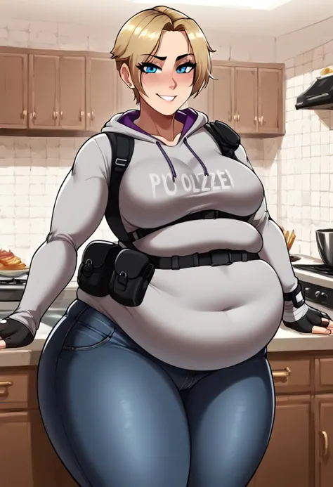 score_9, score_8_up, score_7_up, BREAK, (masterpiece, best quality, highres detail), 1girl, solo,(view front, turned a bit side),(high aesthetic, by tashoelle:0.35), Expressiveh, BREAK, <lora:IQ_Rainbow_Six_Siege_PONY_XL_by_UOC:1>, iq, iq \(Rainbow Six Siege\), beautiful face, head turned to viewer, looks at viewer, horny, beautiful eyes, blue eyes, BREAK, fingerless gloves, light-grey hoodie, long sleeves, jeans, (high-waist:1.3), holster , BREAK, (obese), (bottom heavy body),(inside, detailed background, kitchen), (standing , leg slightly apart), big belly, double belly,small breasts, huge ass, wide hips, thick thighs, fupa