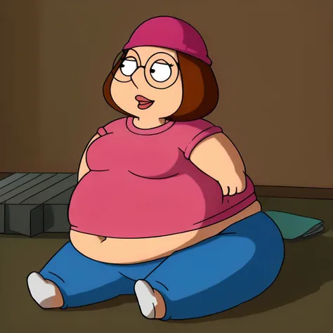 female, meg, brown hair, 1girl, glasses, solo, short hair, flat color, blue pants, beanie, pink shirt
tummy, sitting on floor,