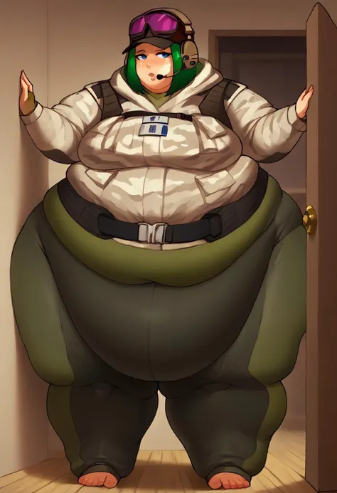 score_9, score_8_up, score_7_up, BREAK, (masterpiece, best quality, highres detail), 1girl, solo, front view, Expressiveh, (high aesthetic, by betterwithsalt:0.35, by sizemologist:0.35), BREAK, <lora:ElaSDXL:1>, full body,
perfect face, detailed face, freckles, slim face, perfect eyes, short hair, green hair, blue eyes, head turned to viewer, looking at viewer, shy, tired, blushes, BREAK , fully clothed, detailed clothes, high-waist, leggings, pants, ((hexagonal coloring pants)), latex legwear, bare feet, tactical belt, ((tactical belt squished belly)),hat, jacket, fingerless gloves ,military uniform, camouflage,headphones,goggles,holster,goggles on headwear, BREAK,
(morbidly obese), (bottom heavy body),(in tight doorway, detailed background, bedroom), (walking, (stuck in doorway), hard move through doorway, hips tight wrap the doorway), hyper belly, double belly, soft belly, huge breasts, flabby ass, huge ass, hyper hips, soft hips, thick thighs, soft thighs, fat folds wrap feet