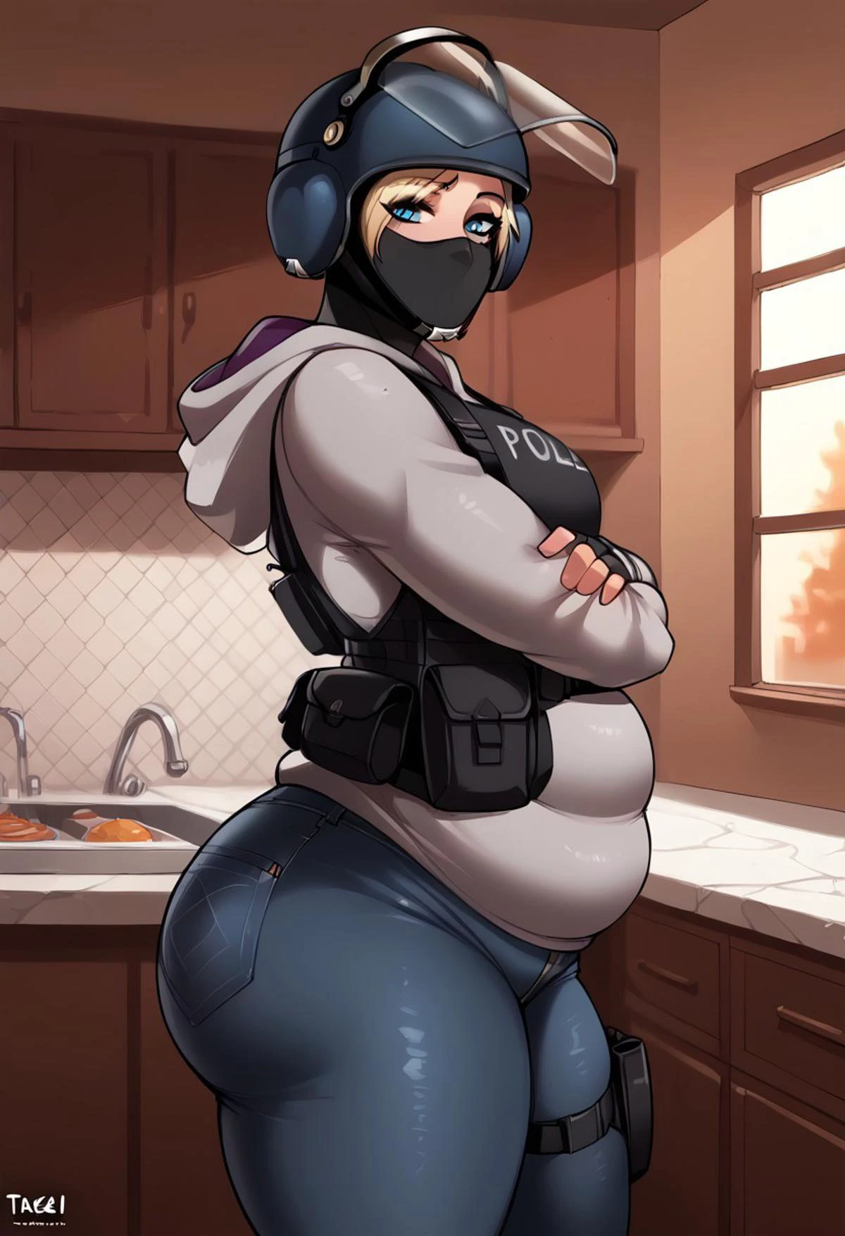score_9, score_8_up, score_7_up, BREAK, (masterpiece, best quality, highres detail), 1girl, solo,(view front, turned a bit from side),(high aesthetic, by tashoelle:0.65), Expressiveh, BREAK, iq, iq \(Rainbow Six Siege\), beautiful face, head turned to viewer, looks at viewer, horny, beautiful eyes, blue eyes, BREAK, mask, helmet, face shield,fingerless gloves, hoodie, long sleeves, high-waist,jeans,thighs holster, BREAK, (curvy), (bottom heavy body),(inside, detailed background, kitchen), (standing , leg slightly apart), belly, double belly,small breasts, huge ass, wide hips, thick thighs