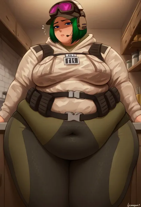 score_9, score_8_up, score_7_up, BREAK, (masterpiece, best quality, highres), 1girl, solo, Expressiveh, (high aesthetic, by tashoelle:0.5), <lora:ElaSDXL:1>, front view, BREAK,
perfect face, slim face, perfect eyes, short hair, green hair, blue eyes, looking at viewer, head turned to viewer, shy, tired, head turned to viewer, shy, tired, BREAK , leggings, pants, (((hexagonal coloring pants))), latex legwear, hat, jacket, fingerless gloves ,military uniform, camouflage,headphones,goggles,holster,goggles on headwear, BREAK,
(morbidly obese, ussbbw),(inside, kitchen), (full body,slightly rotated body, standing, the legs are slightly apart, belly lift), reallistic fat, flabby fat, flabby belly,double belly, huge belly, huge breasts, ( tactical belt, (((tactical belt covered navel))), flabby ass, ass, flabby hips, wide hips, flabby thighs, thick thighs, fupa