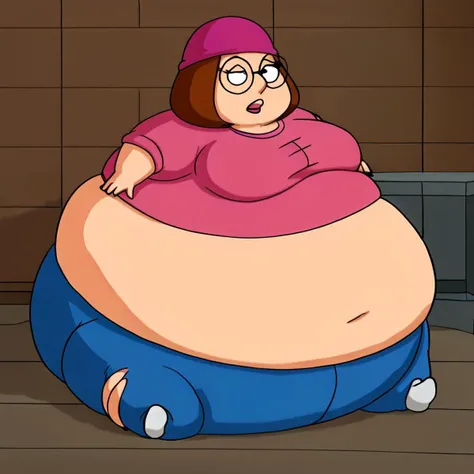 female, meg, brown hair, 1girl, glasses, solo, short hair, flat color, blue pants, beanie, pink shirt
, Gigantic tummy, Gigantic tummy, sitting on floor,