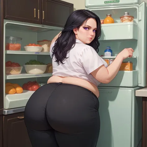 score_9, score_8_up, score_7_up, (art by Sizemologist:0.75), lfr1dg3, open fridge, refrigerator, indoors, BREAK illustration of (curvy) 1girl, solo, yennefer of vengerberg, black hair, long hair, purple eyes, looking back, detailed face,(white shirt, black pants, collared shirt, midriff), bottom heavy body, huge ass, fat arms, backfat, thick thighs, bent over,