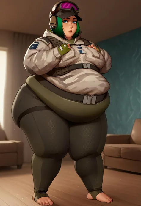 score_9, score_8_up, score_7_up, ultra detailed, detailed background, living room backround, masterpiece, ElaSDXL, 1girl, (full body, slightly rotated body, standing, the legs are slightly apart, both hands folded on top of breasts),detailed face, beutiful face, slim face, horny face, shy, mouth is closed ,freckles, looks at viewer,detailed eyes, blue eyes, baseball cap, goggles on headwear, short hairs, green hairs, fully clothed, ((high-waist)), jacket, military uniform, camouflage, fingerless gloves, (leggings, ((hexagonal coloring leggings)) , latex legwear), ( tactical belt, ((belt covered bellybutton,)) the belt tight around the belly), realism fat , drooping fat ,ussbbw, morbidly obese, double belly,massive belly, drooping belly, belly overhang, huge breasts, wide hips, drooping hips, massive ass, flabby ass, flabby thighs, bare feet