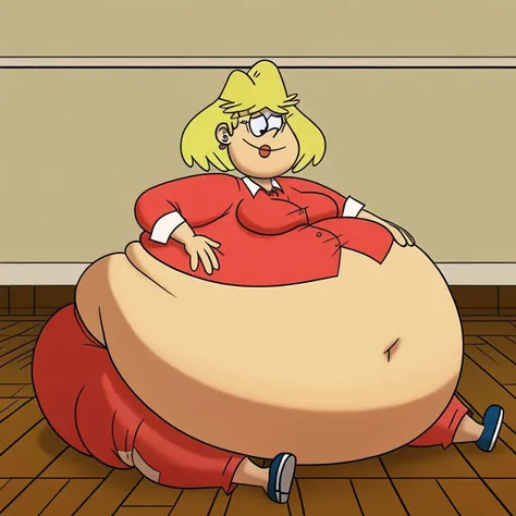 female, rita loud, 1girl, solo, blonde hair, short hair, earrings, jewelry, smile, lipstick, stud earrings, shirt, pants, Gigantic tummy, Gigantic tummy, sitting on floor,