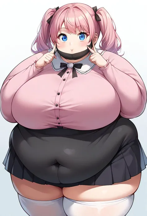 pixiv,source_anime,masterpeace,bestquality.score_9, score_8_up, score_7_up,1girl,big eyes, cowboyShot,fat,skindentation, heavy breasts, topheavy, big butt, huge thighs, curvy, chubby, fat, obese,,Fat face, double chin, loose cheeks, narrow eyes pushed up by cheeks,multiview BREAK source_anime,NSFW,1girl,looking at viewer,cowboy shot,standing,jirai kei, 1girl, mouth mask, solo, mask, skirt,thighhighs, looking at viewer, black skirt, white thighhighs,pink shirt,pink twintails, blue eyes, white shirt, black mask,shortstack,gigantic breasts