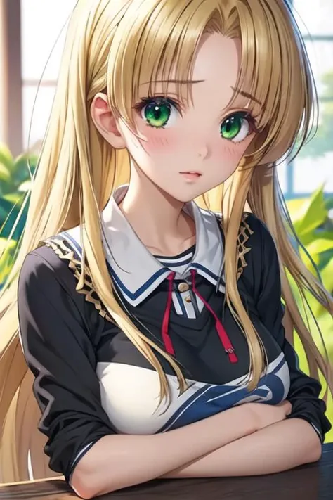 masterpiece, best quality, game cg, 1girl, solo, looking at viewer, upper body, depth of field, <lora:asia_argento:0.74>, asia_argento, blonde hair, green eyes, parted bangs, , ,
