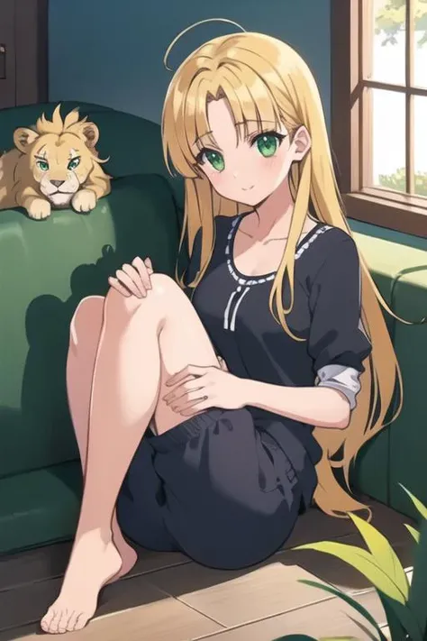 masterpiece, best quality, , 1girl, solo, looking at viewer, , , <lora:asia_argento:0.70>, asia_argento, blonde hair, green eyes, loungewear, , Narnia: A land of talking animals and magical creatures, ruled by Aslan the lion, HDR
