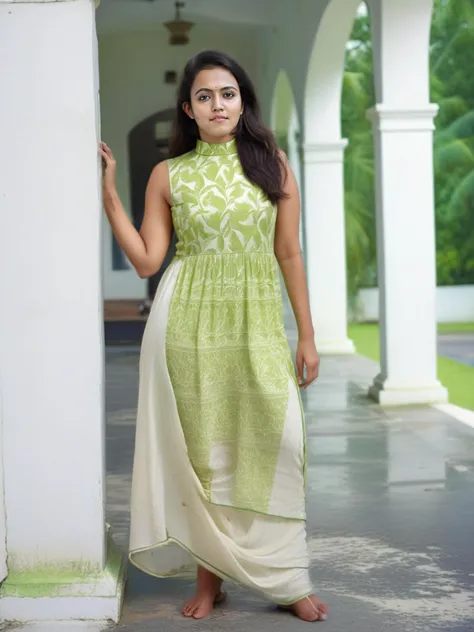 hires full body photo of a 30-year-old woman, aparna das, outdoors, looking at camera, high neck traditional Key lime dress,  post-processing, maximum texture, masterpiece, ultra-detailed, photorealistic, sharp focus, intricate details, realistic eyes,simple white stucco background <lora:Aparna_Das_SDXL:1>