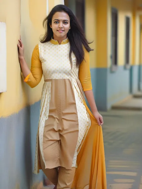 hires full body photo of a 30-year-old woman, aparna das, outdoors, looking at camera, light smile, high neck traditional Yellow (Pantone) dress,  post-processing, maximum texture, masterpiece, ultra-detailed, photorealistic, sharp focus, intricate details, realistic eyes,simple white stucco background <lora:Aparna_Das_SDXL:1>