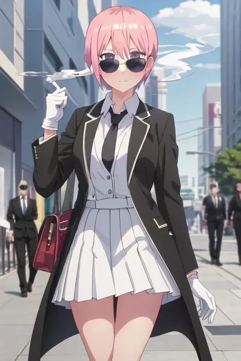 best quality, masterpiece, highres, solo, {black business suit:1.40}, {tie:1.20}, {sunglasses:1.25}, {white gloves:1.15}, {white shirt:1.10}, {black skirt:1.15}, {smoking:1.20}, handsome, {nakano_ichika_gotoubunnohanayome:1.15}, pink_hair, short_hair, bangs, blue_eyes, blush, hair_between_eyes, closed_mouth