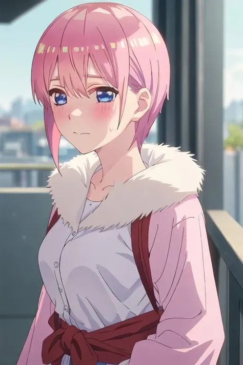 best quality, masterpiece, highres, solo, {nakano_ichika_gotoubunnohanayome:1.15}, pink_hair, short_hair, bangs, blue_eyes, blush, hair_between_eyes, closed_mouth, 1girl, looking_at_viewer, anime_coloring, close-up, fur_trim, parody, portrait, sweatdrop
