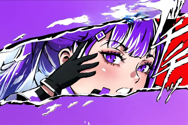 Highly detailed, High Quality, Masterpiece, beautiful, Twitch-chan, hairclip, hair ornament, purple hair, purple eyes, collared shirt, sleeveless, necktie, skirt, thighhighs, gloves, <lora:Char_Meme_Twitchchan:0.9>,, Persona Cut In, <lora:Style_PersonaCutIn:1>