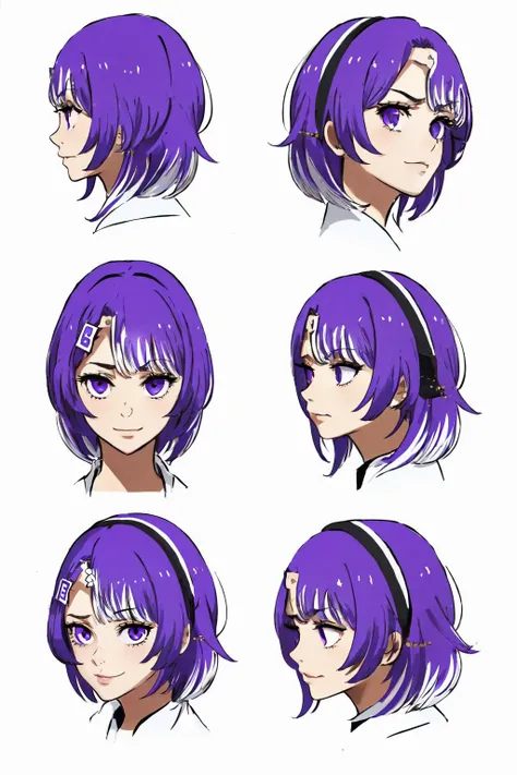 Highly detailed, High Quality, Masterpiece, beautiful, (detailed face and eyes:1.25), (MultiView:1.2), <lora:Pos_HeadModelSheet:0.7>, Twitch-chan, hairclip, hair ornament, purple hair, purple eyes, <lora:Char_Meme_Twitchchan:0.9>