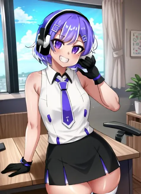 ((best quality)), ((highly detailed)), masterpiece, detailed face, beautiful face, (detailed eyes, deep eyes), (1girl), cowboy shot, <lora:twitch-chan:.8>, twitch-chan, short hair, purple hair, hairclip, hair ornament, purple eyes, grin, collared shirt, sleeveless, necktie, skirt, thighhighs, gloves, headphones, inside, in an office, desk, computer, gaming chair, <lora:Osiimi:.8>