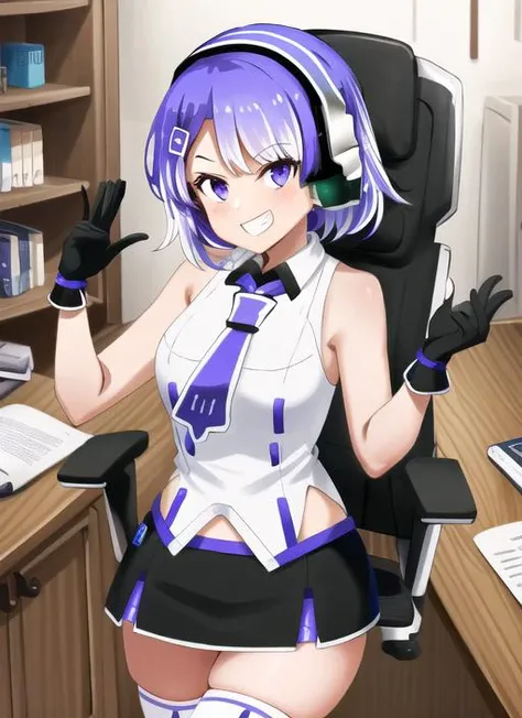 ((best quality)), ((highly detailed)), masterpiece, extremely detailed face, beautiful face, (detailed eyes, deep eyes), (1girl), cowboy shot,<lora:twitch-chan:1>, twitch-chan, short hair, purple hair, hairclip, hair ornament, purple eyes, grin, collared shirt, sleeveless, necktie, skirt, thighhighs, gloves, headphones, inside, in an office, desk, computer, gaming chair
