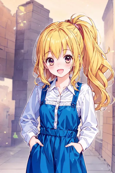1 girl, best quality, amazing intricate, round eyes, happy, :d, medium breast,
blonde hair, medium hair, short ponytail, holding hair,
Isometric, portrait, standing with hands in her pockets,
blue dress, dirndl, ,
in mid air