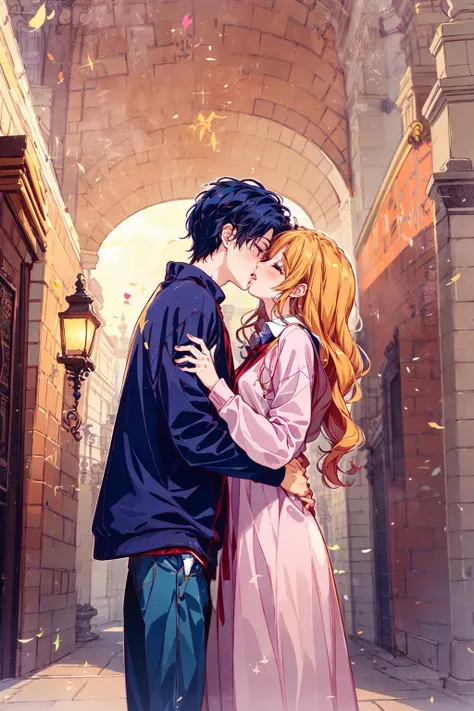 1 girl, 1 boy, best quality, amazing intricate, closed both eyes, (kissing:1.2)