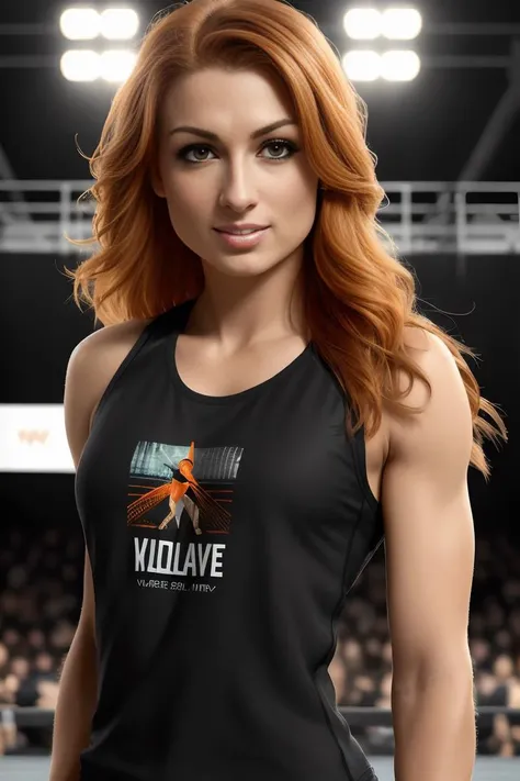 photo of (BeckyLynch), a woman as aa athlete, (((long flowing ginger hair))), modelshoot style, (extremely detailed CG unity 8k wallpaper), photo of the most beautiful artwork in the world, professional majestic oil painting by Ed Blinkey, Atey Ghailan, Studio Ghibli, by Jeremy Mann, Greg Manchess, Antonio Moro, trending on ArtStation, trending on CGSociety, Intricate, High Detail, Sharp focus, dramatic, photorealistic painting art by midjourney and greg rutkowski, (((tight black tank top))), (((black short shorts))), (zipper), ((arena)), ((standing in a wrestling ring)), ((crowd in the background)), (looking at the camera), (detailed pupils:1.3), (closeup), ((smile with teeth)), (((makeup))), (((detailed face))), (8k)