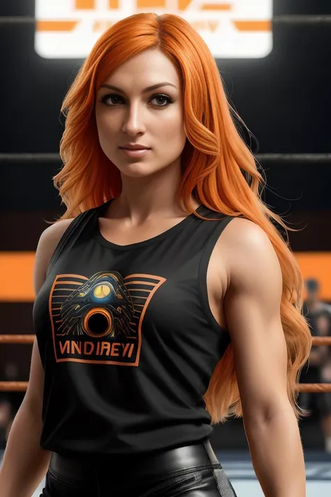 photo of (BeckyLynch), a woman as aa athlete, (((long flowing ginger hair))), modelshoot style, (extremely detailed CG unity 8k wallpaper), photo of the most beautiful artwork in the world, professional majestic oil painting by Ed Blinkey, Atey Ghailan, Studio Ghibli, by Jeremy Mann, Greg Manchess, Antonio Moro, trending on ArtStation, trending on CGSociety, Intricate, High Detail, Sharp focus, dramatic, photorealistic painting art by midjourney and greg rutkowski, (((black tank top))), (((black short shorts))), (zipper), ((arena)), ((standing in a wrestling ring)), ((crowd in the background)), (looking at the camera), (detailed pupils:1.3), (closeup), (smile with teeth), (((makeup))), (((detailed face))), (8k)