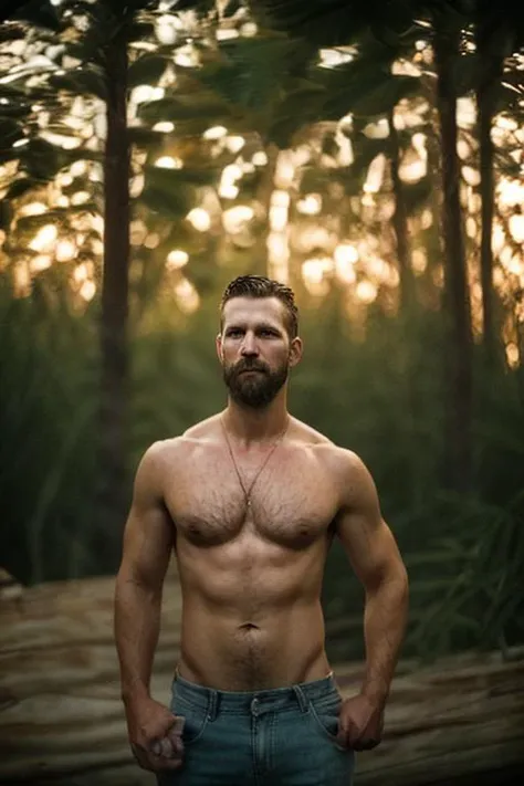 Shirtless 35yo redneck man holding, cigarette, late summer evening,