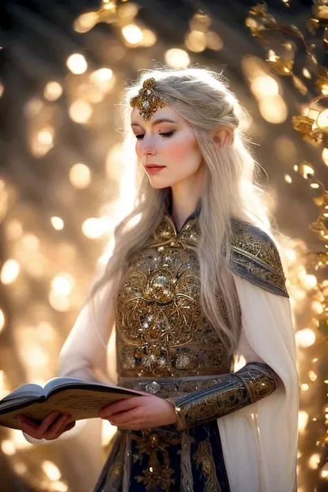 an awarded profesional photo of lorenGray1 with Curvy rectangle body and Small Breasts as Elenia "Starlight" Sunshard (High Elf Loremaster): Elenia Sunshard, known as "Starlight" among the High Elf Loremasters, has a radiant and wise presence. Her long, golden hair and her deep, sapphire eyes add an aura of celestial beauty and profound knowledge to her appearance. Her regal and graceful figure, adorned with elven runes and symbols of the ancient tomes, mirrors her mastery of the arcane lore and her connection to the wisdom of the ages. Elenia's loremaster attire, adorned with shimmering fabrics and symbols of the ancient texts, symbolizes her status as a revered sage and a celestial scholar in the eyes of the elven gods. At her side, she carries a sacred tome and a luminous, star-etched warhammer, weapons she wields with both the grace of a scholar and the power of a celestial oracle. As she deciphers the ancient prophecies and unravels the secrets of the cosmos, Elenia becomes a celestial oracle, her every word a whisper of the stars and her every victory a tribute to the boundless knowledge of the High Elves., Leaning against a rustic barn door, she holds a basket of freshly picked flowers, radiating rustic charmultradetailed, intricated face,(face details:1.1),perfect eyes, ideal body posture,perfect body proportions, by jeremy mann, by sandra chevrier, by maciej kuciara,(masterpiece:1.2),(ultradetailed:1.1), ultrasharp, (perfect, body:1.1),(realistic:1.3),(real shadow:1.2),photo Fujifilm XT3, ,(perfect body proportions:1.1)<lyco:GoodHands-beta2:1>, intricated hands,(profesional lights:1.3) (profesional photography:1.3),in Emberfall Keep: A grand castle surrounded by an ever-burning moat of lava., camera angle from side and wide shot (character focus:1.1), depth of field, anatomically correct hand, perfect anatomy, ideal limbs, ideal arms, ideal hands, SkinHairDetail