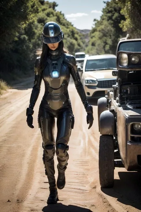 1girl in a futuristic suit walking down a dirt road next to a car and a car in the background, dieselpunk, concept art, antipodeans, (high detailed skin:1.2) extremely high quality RAW photograph, detailed background, intricate, Exquisite details and textures, highly detailed, ultra detailed photograph, warm lighting, 4k, sharp focus, high resolution, detailed skin, detailed eyes, 8k uhd, dslr, high quality, film grain, Fujifilm XT3,