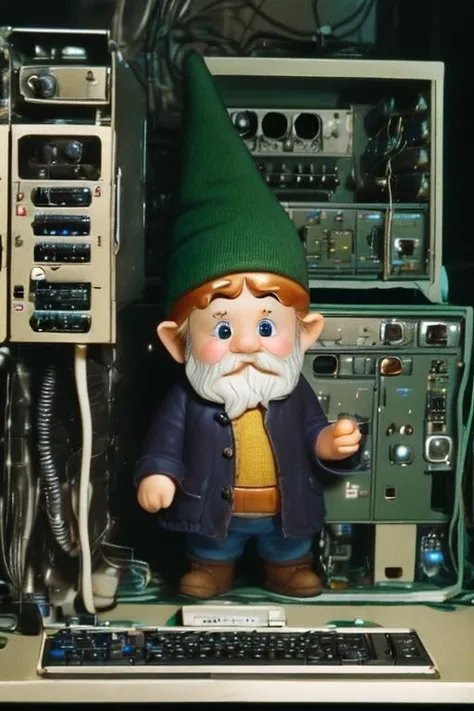 Surprised tiny gnome inside a computer operating a switchboard